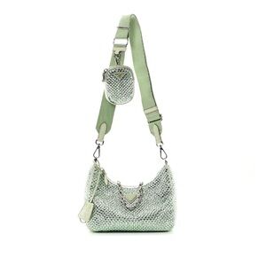 Prada Mint Green Woven Shoulder Bag with Wide Strap and Pouch